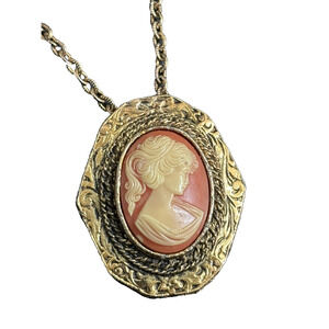 Vintage Faux Cameo Pendant / Brooch Gold Tone By PERI Victorian Revival Ornate